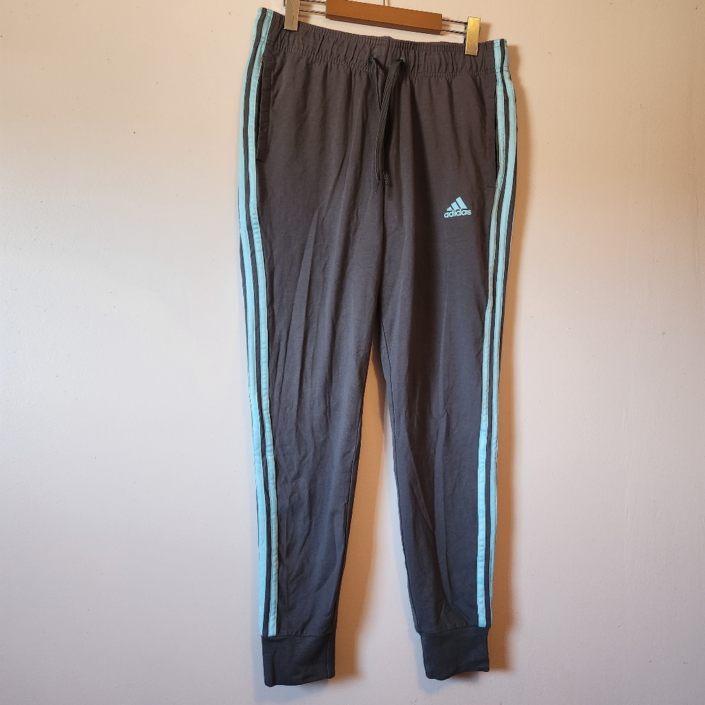 Adidas Essentials Women's Charcoal Grey Aqua 3-Stripes Joggers Size M